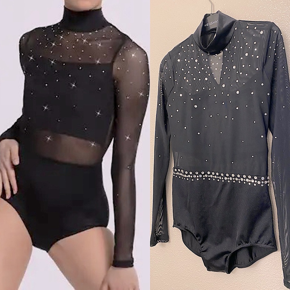 WEISSMAN Dance Costume black rhinestone crystal leotard illusion BOOM 14096 SA